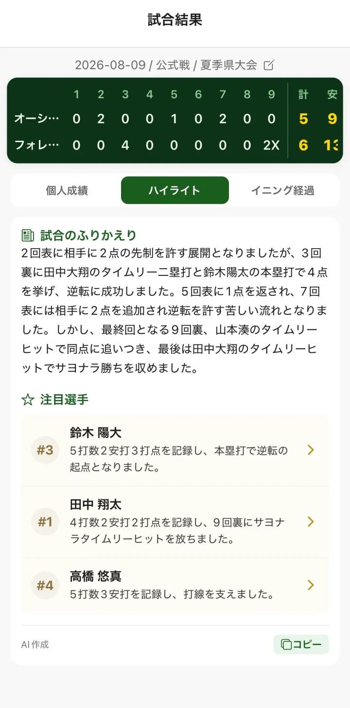 ハイライトタブ。試合のふりかえりの文章と注目選手 3 人